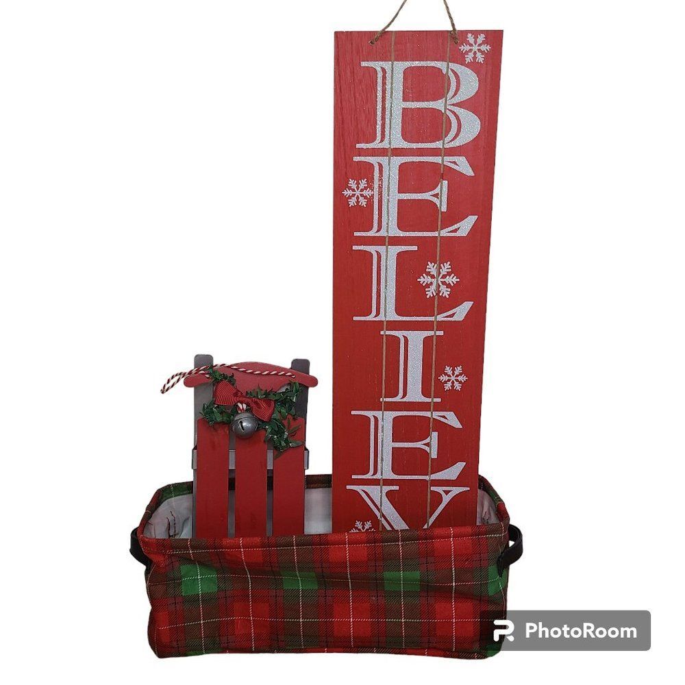 Christmas Holiday Home Decor Lot Includes Red Believe Sign Sleigh Flannel Basket